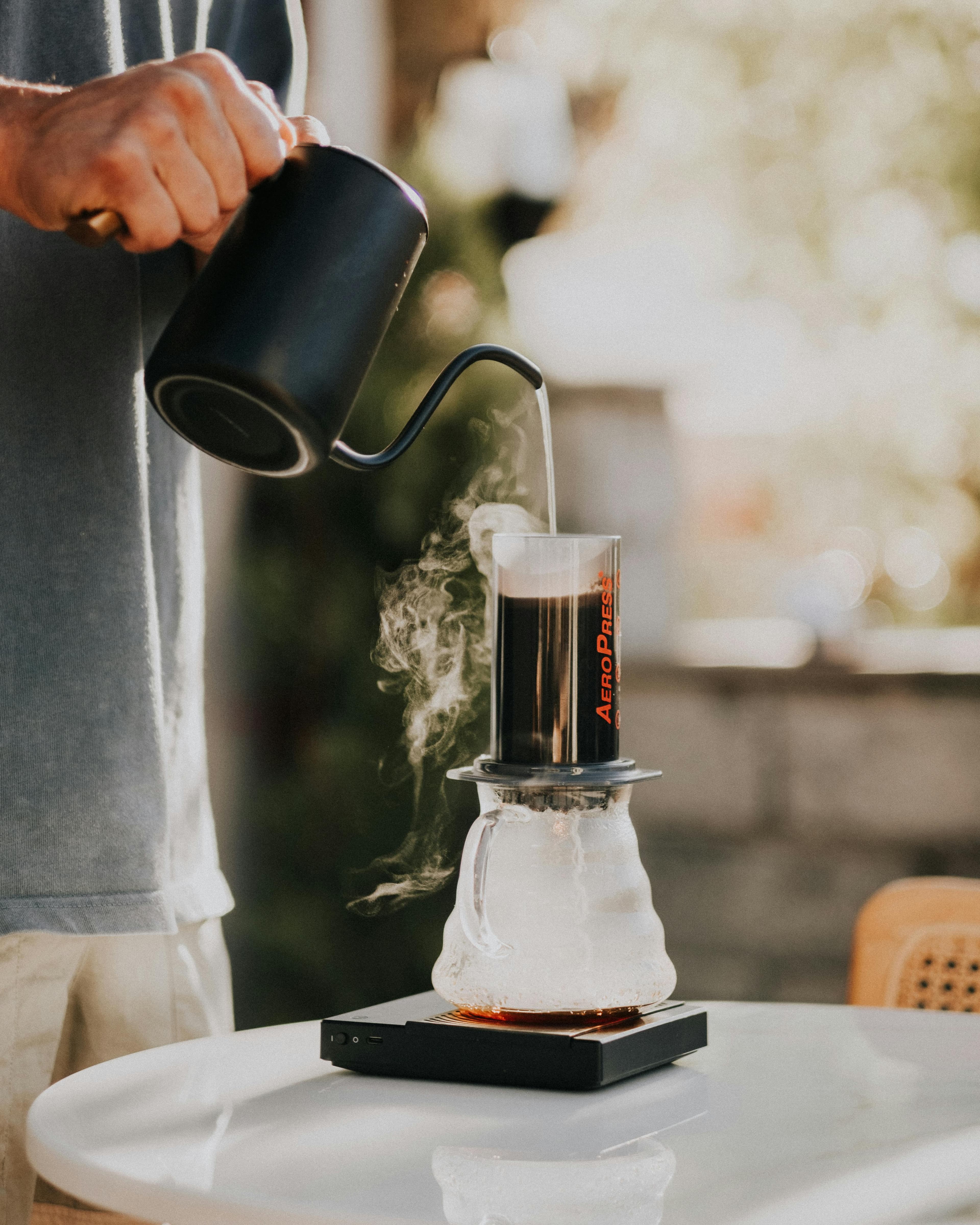 Expert barista brewing coffee